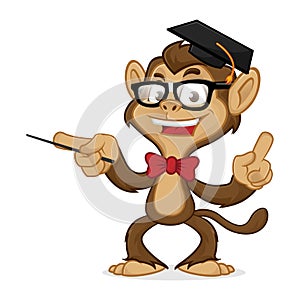 Chimp cartoon mascot wearing glasses and toga hat