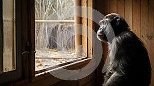 Curious Chimp Observing Nature From A Cabin