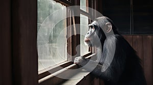 Curious Chimp Observing Nature Outside Cabin