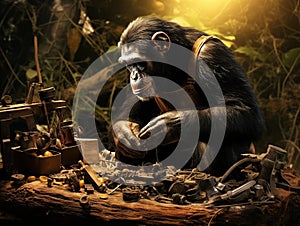 Ai Generated illustration Wildlife Concept of Chimp using tools