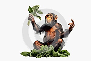 Chimpan sitting on the ground with leaf in his hand. Generative AI