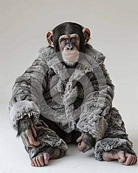 Chimpanzee Animal sitting on the floor, wearing a furry suit Generative AI