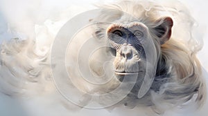 A chimpanzee appears amid shimmering silver-white smoke, its eyes peeking through the mystical mist