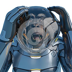 Chimpanzee astronaut fearful expression in a white background