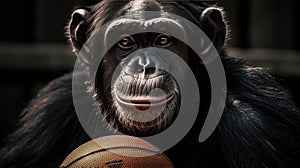 Chimpanzee with a basketball in the hands. Evolution Concept