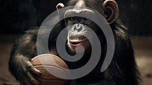 Chimpanzee with a basketball in the hands. Evolution Concept