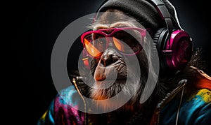 Chimpanzee in bright informal clothes wearing big professional headphones, in neon light. Closeup studio portrait.