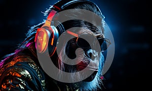 Chimpanzee in bright informal clothes wearing big professional headphones, in neon light. DJ clubbing concept.