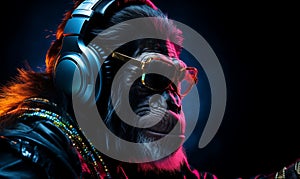 Chimpanzee in bright informal clothes wearing big professional headphones, in neon light. DJ clubbing concept.