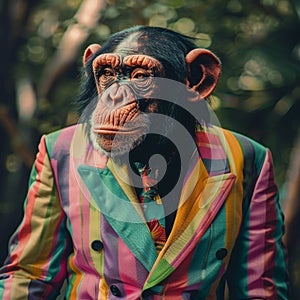 Chimpanzee in a colorful suit posing in nature photo