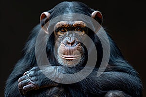 Chimpanzee with a contemplative expression, arms crossed., Generated AI