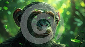 Chimpanzee with green glowing eyes in a lush forest