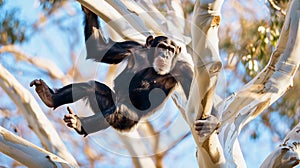 A chimpanzee is hanging from a tree branch