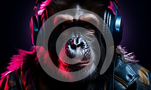 Chimpanzee in leather jacket wearing big professional headphones, in neon light. Closeup studio portrait.