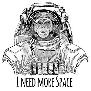 Chimpanzee Monkey Astronaut. Space suit. Hand drawn image of lion for tattoo, t-shirt, emblem, badge, logo patch