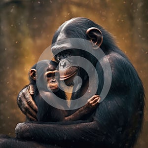 Chimpanzee mother with her little baby. Generative AI