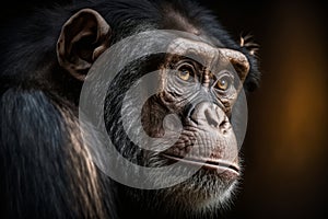 Chimpanzee portrait on dark background, close-up. Generative AI