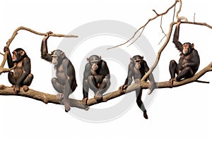 Chimpanzee sitting on a branch isolated on white background. Chimpanzees hanging on trees in different positions on a white