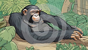 A chimpanzee is sitting on a log in the jungle