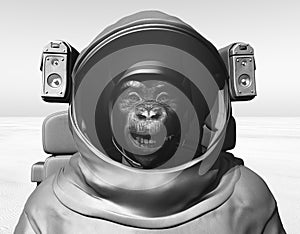 Chimpanzee in space suit on Mars in black and white