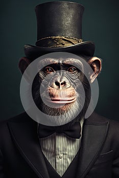 Chimpanzee in top hat and tails half - length front view