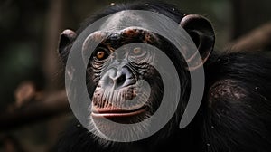 Chimpanzee in a zoo, close-up portrait. Wildlife concept with a copy space.