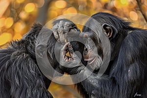 Chimpanzees Bonding in Autumn Forest, Wildlife Concept