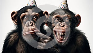 Chimpanzees in Party Hats Enjoying Celebration. Concept to make laugh