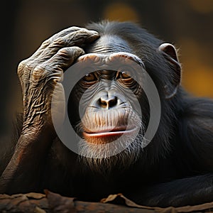 Chimpanzees sorrowful countenance hints at its underlying feelings of sadness and dejection photo