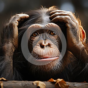 Chimpanzees sorrowful countenance hints at its underlying feelings of sadness and dejection photo