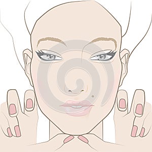 Chin massage. Front view of a female face