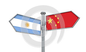 China and Argentina flag sign moving in different direction. 3D Rendering