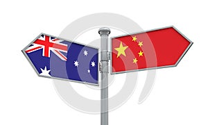 China and Australia flag sign moving in different direction. 3D Rendering