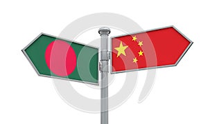 China and Bangladesh flag sign moving in different direction. 3D Rendering