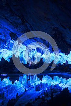 Beautifully illuminated Reed Flute Cave, Guilin, China