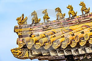 China, Beijing, Forbidden City Different design elements of the colorful buildings rooftops closeup details