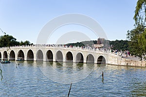 China, Beijing. Summer Imperial Palace. View of Seventeen Arch bridge and Longevity Hill