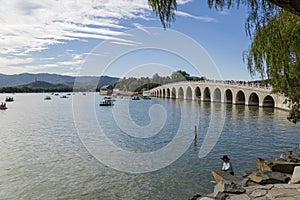 China, Beijing. Summer Palace. View of Kunming Lake and Seventeen Arch bridge