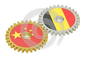 China and Belgium flags on a gears, 3D rendering