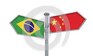 China and Brazil flag sign moving in different direction. 3D Rendering