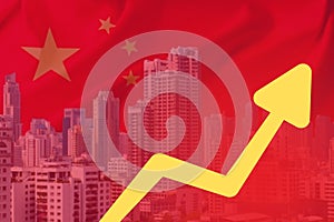 China Business arrow up and Financial and real estate stocks market graph of Chinese, china flag background