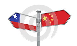 China and Chile flag sign moving in different direction. 3D Rendering