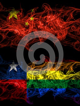 China, Chinese vs Chile, Chilean, Gay smoky mystic flags placed side by side. Thick colored silky abstract smoke flags