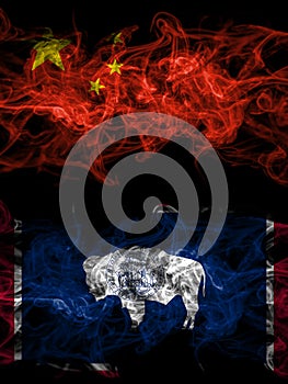 China, Chinese vs United States of America, America, US, USA, American, Wyoming smoky mystic flags placed side by side. Thick