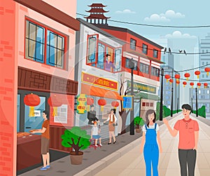 China city street, people s life, happy man waving hand, woman look at window, buying street food