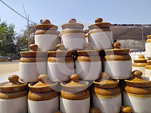 China clay or ceramic jars mostly used to store pickles in India photo