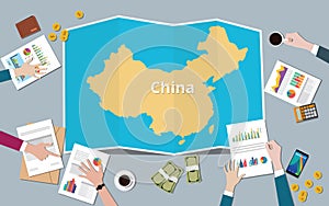 China country growth nation team discuss with fold maps view from top