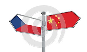 China and Czech Republic flag sign moving in different direction. 3D Rendering