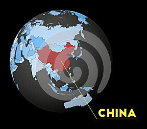 China on dark globe with blue world map.