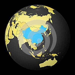 China on dark globe with yellow world map.